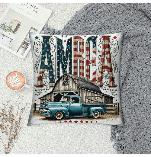 Ulloord  Pillow Covers Retro Wooden Cabin with American Flag Square Throw Waist Pillow Case Blue Car Truck Decorative Pillowcase Cushion Cover