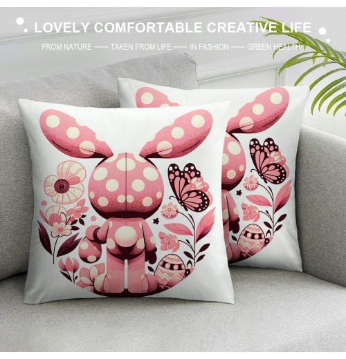  Happy Easter Rabbit Pillow Covers Spring Easter Bunny Farmhouse Decoration Hello Flowers Pink Stripes Throw Pillow Cover Cushion Case