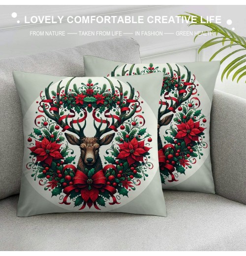 Ulloord Christmas&nbsp;Wreath Throw Pillow Cover Home Couch Decorative&nbsp;Elk &nbsp;Christmas Stocking Pattern Cushion CoverWinter Theme Pillowcase