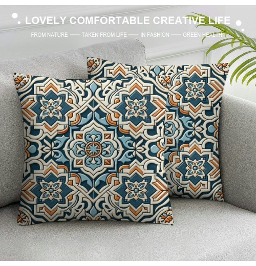 PHYHOO Paisley Floral Pattern Decorative Throw Pillow Cover, Blue Orange Seamless Paisley Pattern Square Pillowcase Blended Double-Sided No Inserts for Bedroom Living Room